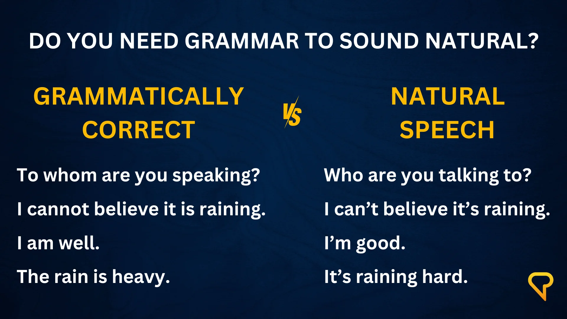 Do you need grammar to learn a language? This graphic compares grammatically correct speech to natural speech, suggesting that immersion is more important. 