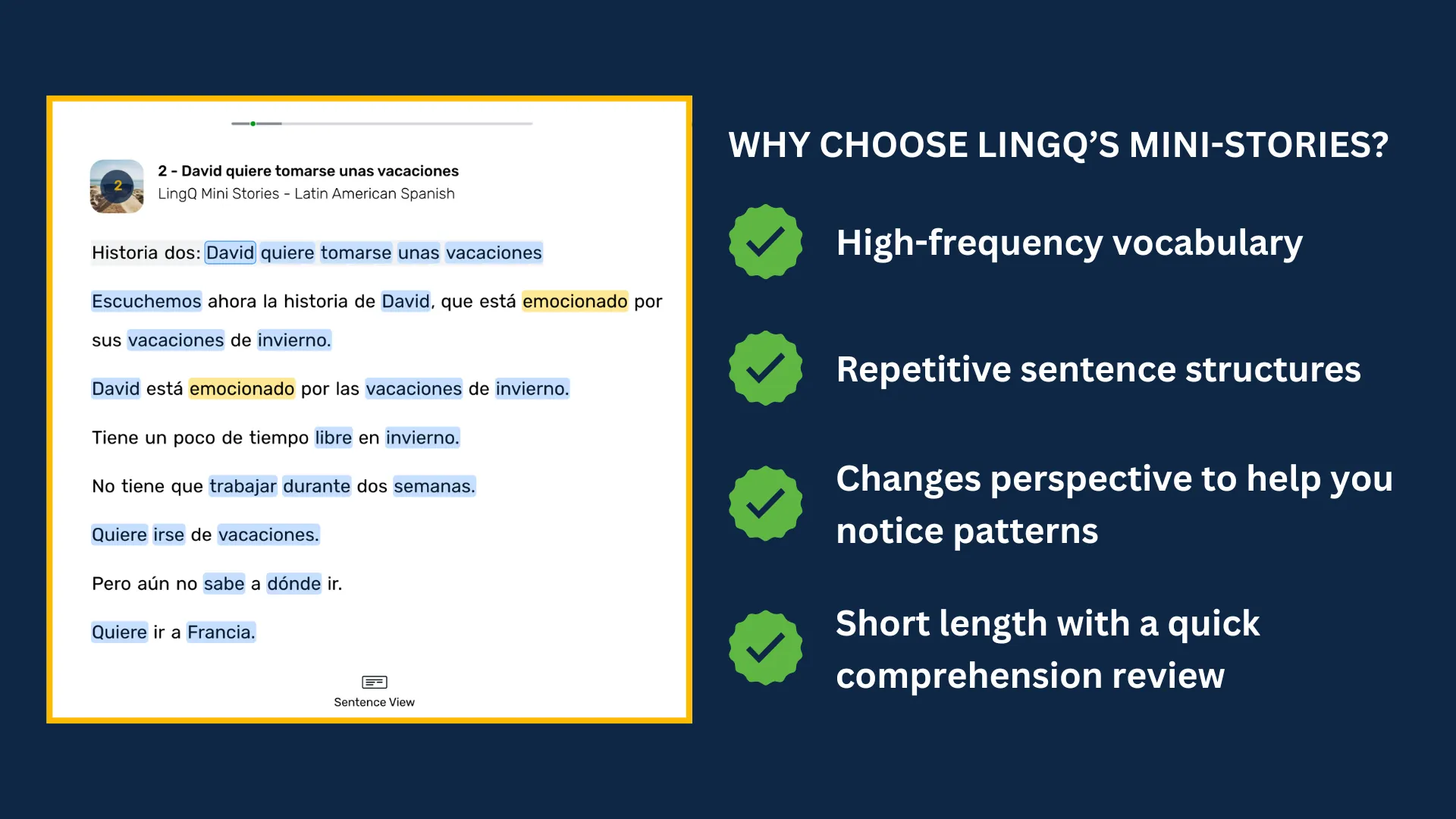 Spanish LingQ Mini-Stories Screenshot